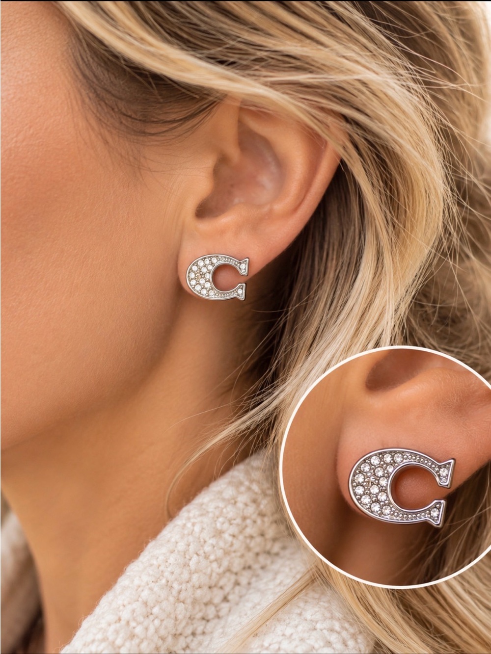 COACH Signature C Silver Tone Pavé Crystal Stud Earrings